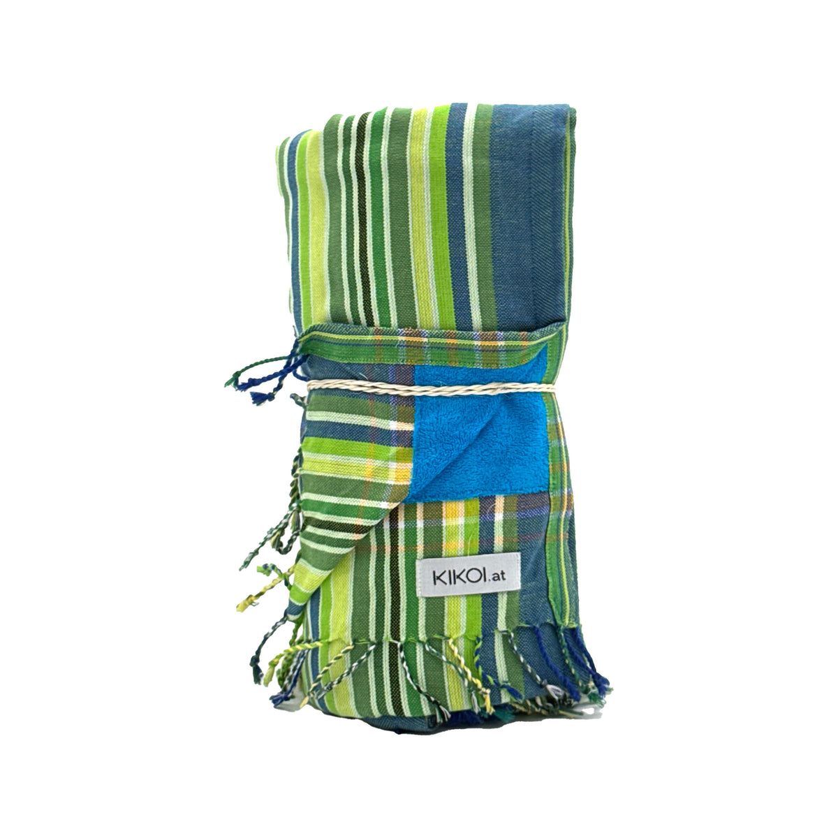 Kikoi Handtuch Baumwolle Lime Blue Stripe Turquise Frottee