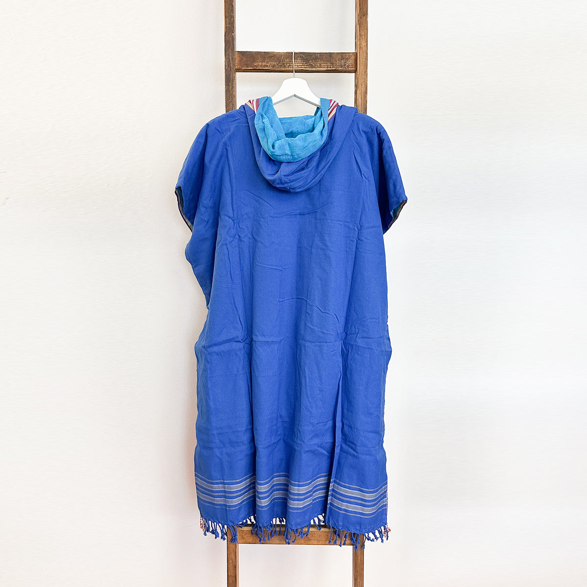 Kikoi Poncho Baumwolle Kapuze Mid Blue Turquise Turquise Frottee