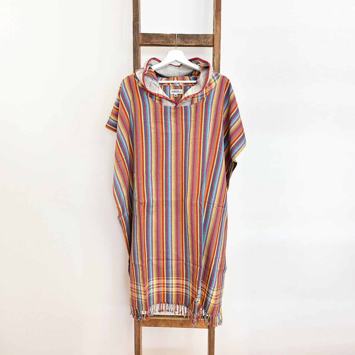 Kikoi Poncho Baumwolle Kapuze Brown Springstripe