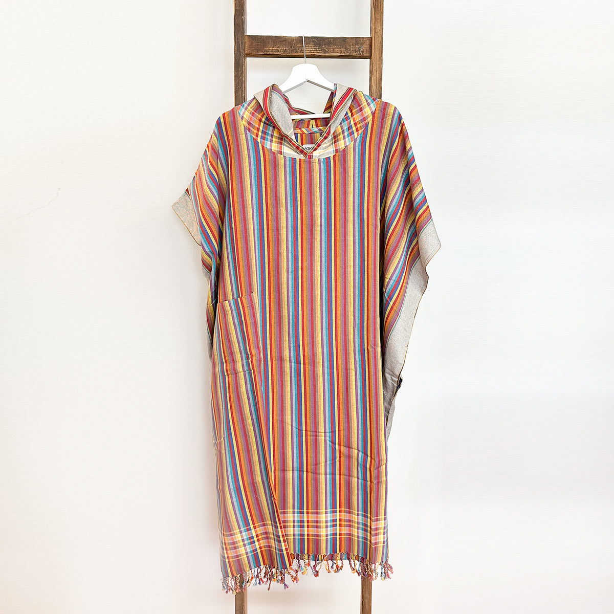 Kikoi Poncho Baumwolle Kapuze Brown Springstripe