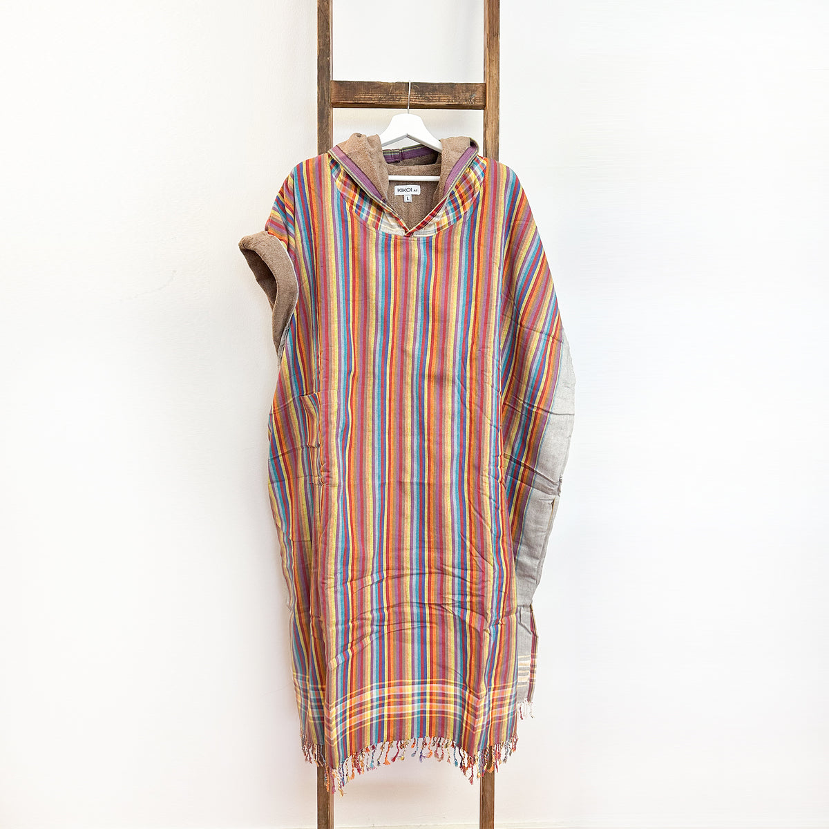 Kikoi Poncho Baumwolle Kapuze Brown Springstripe Sand Frottee