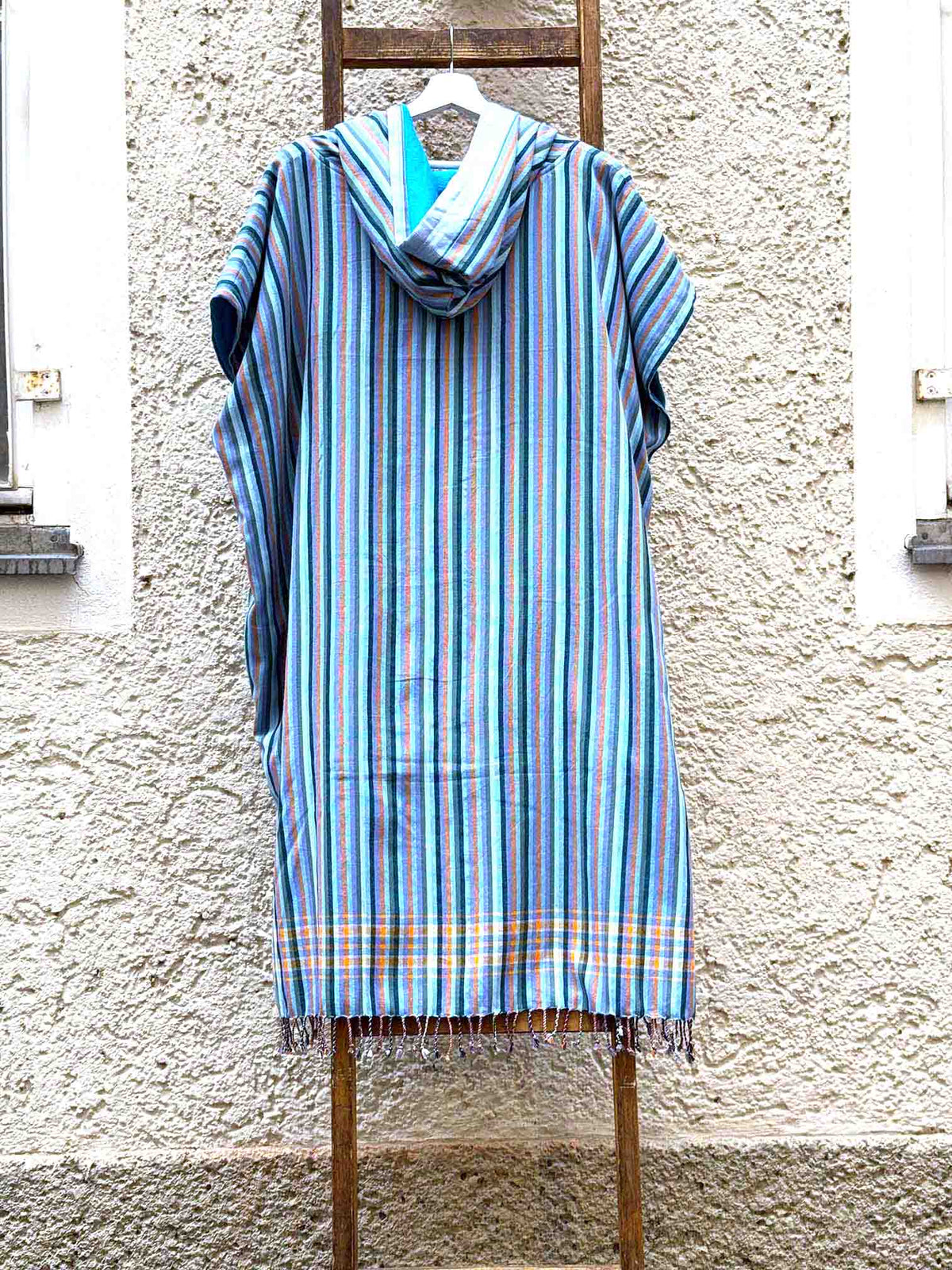 Kikoi Poncho Baumwolle Kapuze Orangegrey Springstripe Turquise Frottee