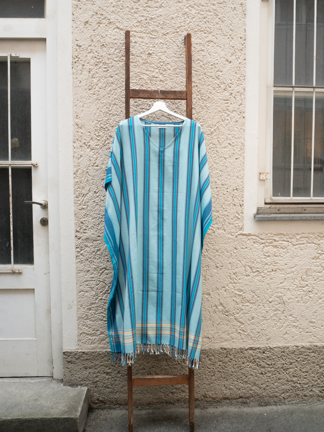 Kikoi V-Neck Poncho Long Baumwolle New Widestripe Turquise