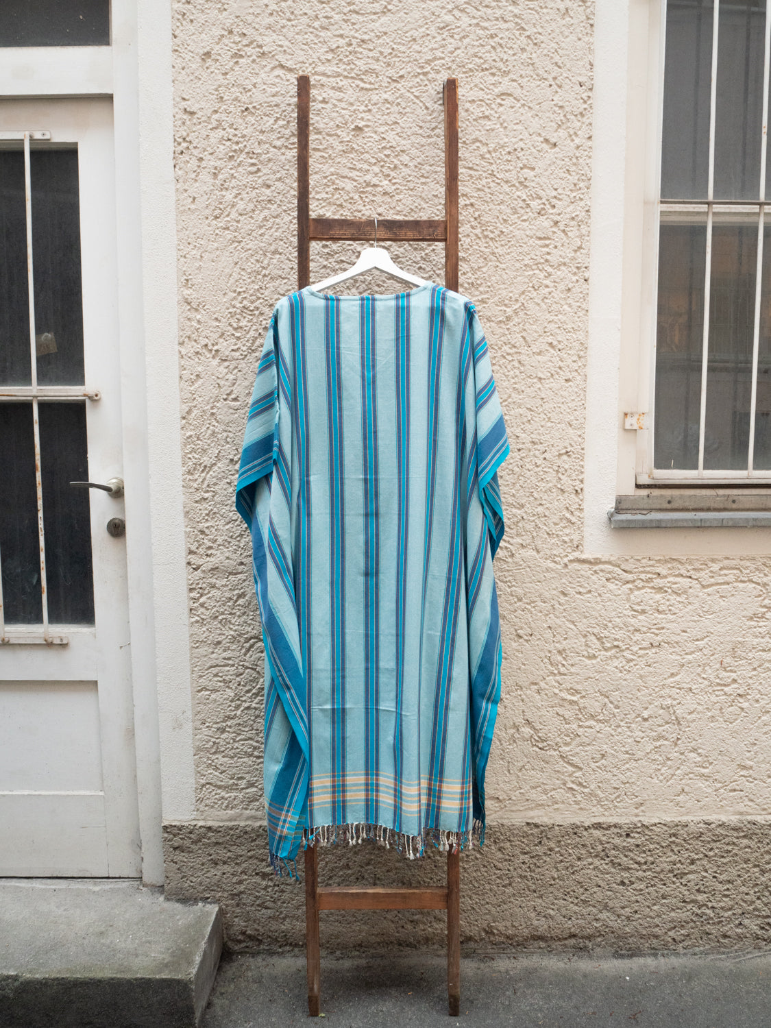 Kikoi V-Neck Poncho Long Baumwolle New Widestripe Turquise