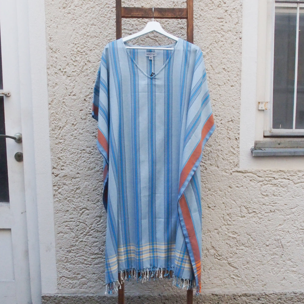 Kikoi V-Neck Poncho Medium Länge Baumwolle New Widestripe Turquise Dark Orange