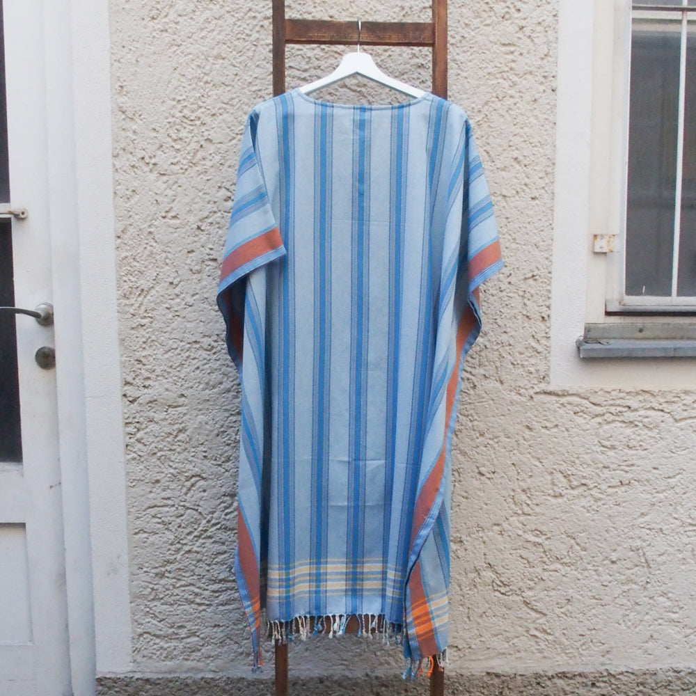 Kikoi V-Neck Poncho Medium Länge Baumwolle New Widestripe Turquise Dark Orange