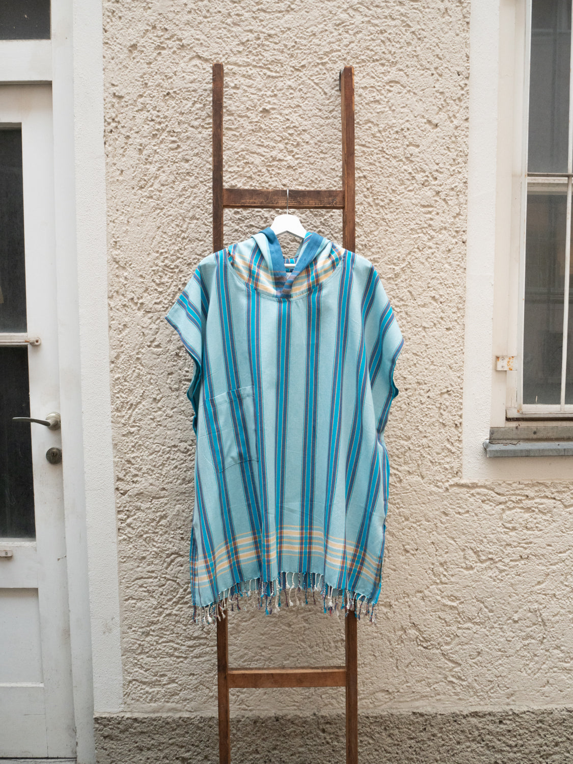 Kikoi Poncho Baumwolle Kapuze New Widestripe Turquise