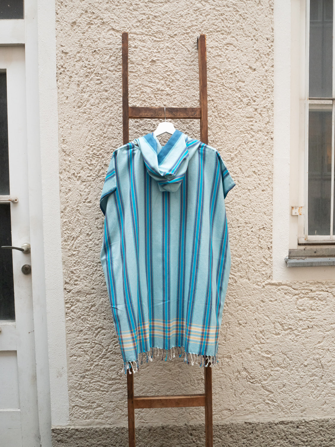 Kikoi Poncho Baumwolle Kapuze New Widestripe Turquise