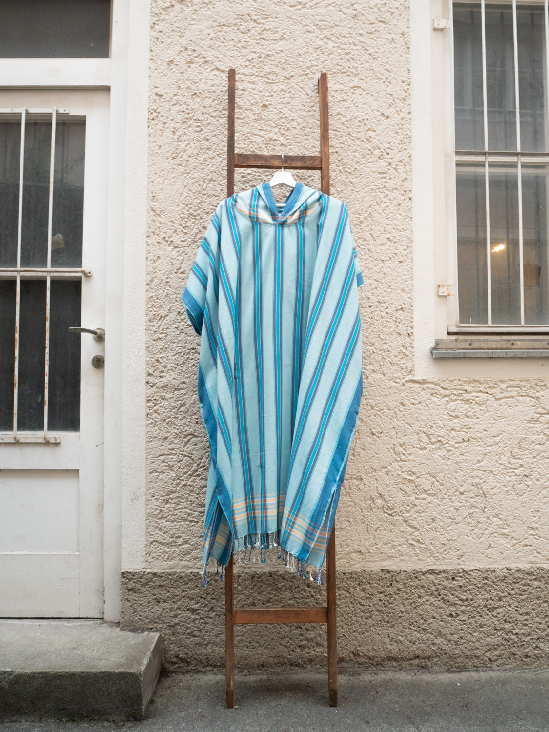 Kikoi Poncho Baumwolle Kapuze New Widestripe Turquise